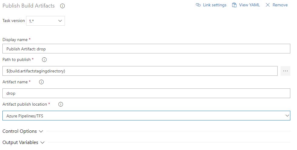 Window to publish the build artifacts